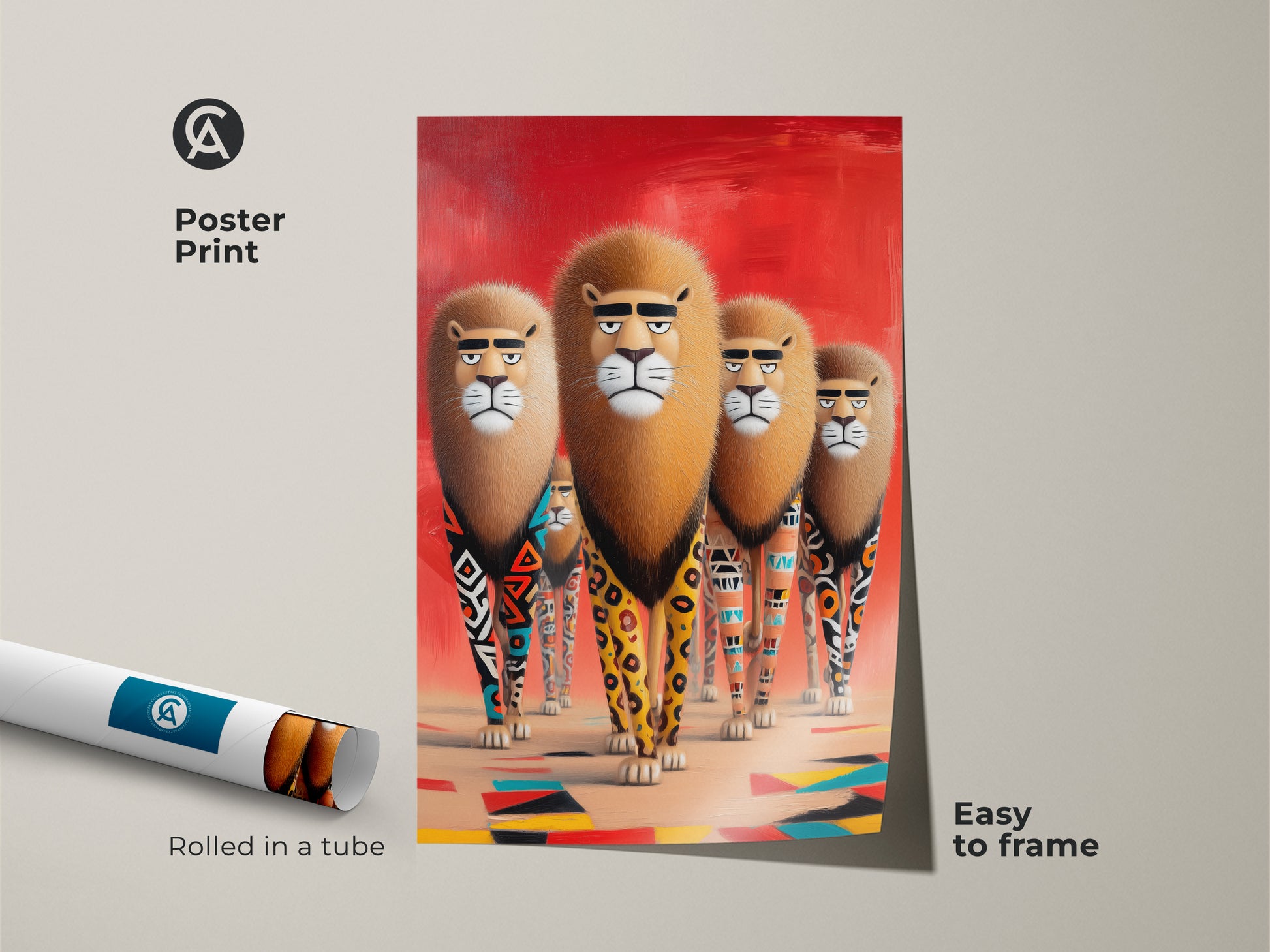 Poster print of lions with tribal geometric patterns displayed with a tube. This red orange black animal art is easy to frame offering a versatile home decor option. Ideal as a unique lion artwork this piece brings an African safari touch to modern spaces and a great birthday gift.