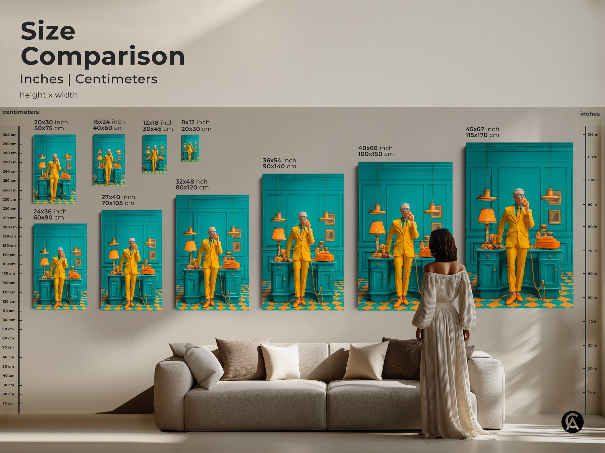 Compare sizes of our art prints in inches and centimeters. Featuring artwork of a man in a yellow suit in a teal room. This size comparison guide helps you choose the perfect piece for your space. Find the ideal art size to complement your home decor