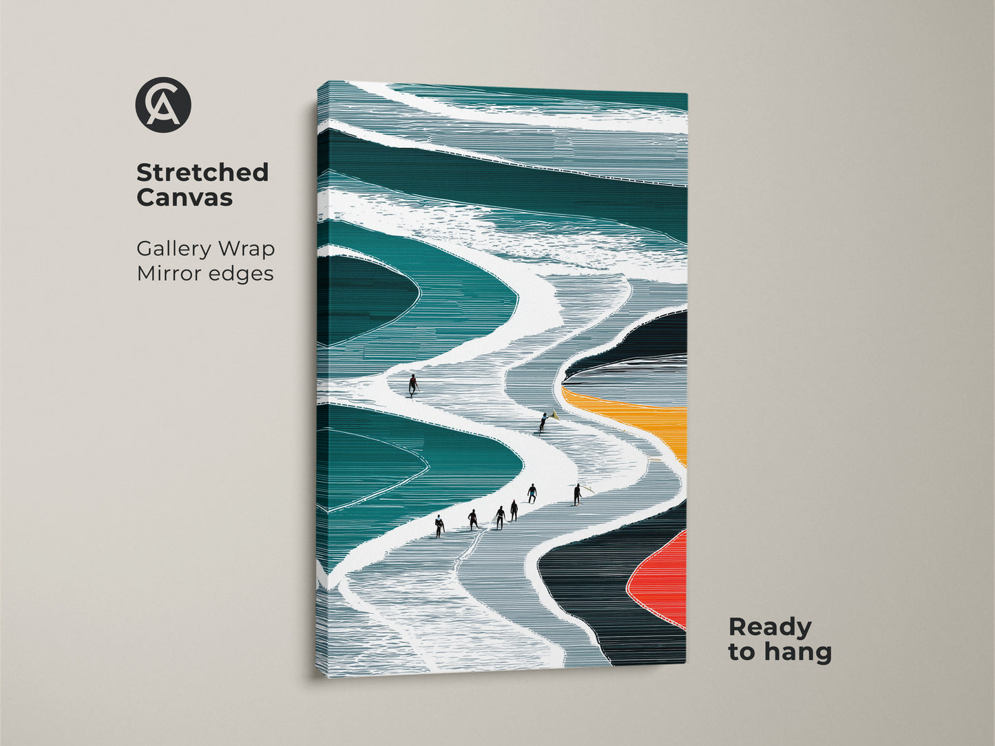 Stretched Canvas Gallery Wrap of a teal and white minimalist ski slope artwork The modern abstract print is ready to hang featuring mirror edges This winter sports art piece enhances any living space It is a great gift for ski lovers seeking contemporary home art Snowy slopes are depicted with skiers