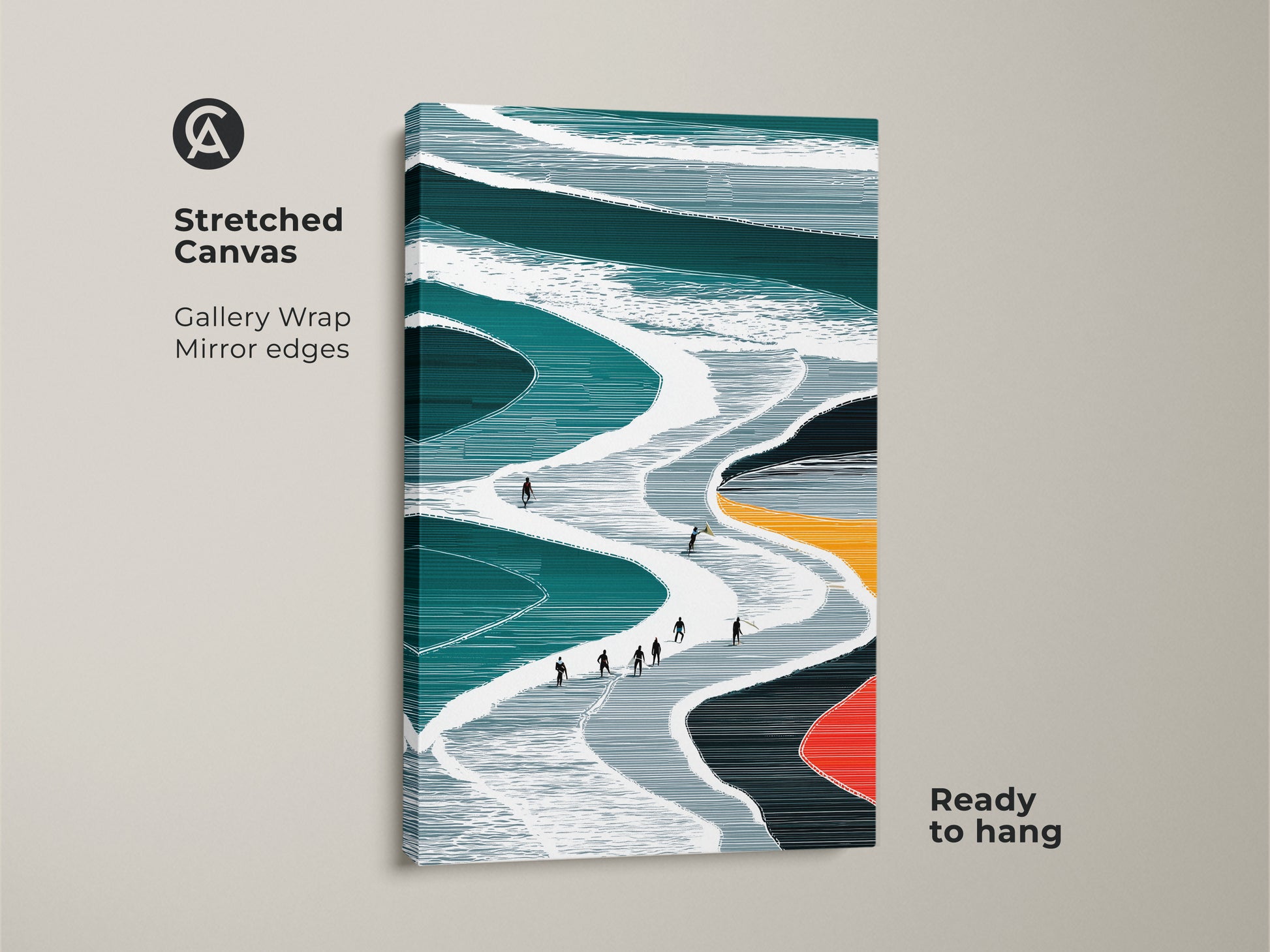 Stretched Canvas Gallery Wrap of a teal and white minimalist ski slope artwork The modern abstract print is ready to hang featuring mirror edges This winter sports art piece enhances any living space It is a great gift for ski lovers seeking contemporary home art Snowy slopes are depicted with skiers