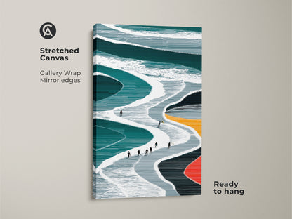 Stretched Canvas Gallery Wrap of a teal and white minimalist ski slope artwork The modern abstract print is ready to hang featuring mirror edges This winter sports art piece enhances any living space It is a great gift for ski lovers seeking contemporary home art Snowy slopes are depicted with skiers