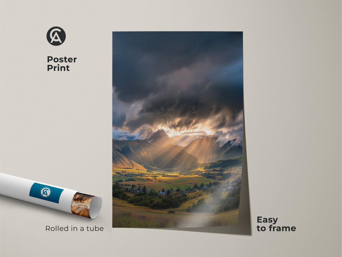 Poster print of a scenic mountain valley artwork featuring golden hour sun rays. Rolled in a tube and easy to frame. This contemporary nature decor is a perfect housewarming nature gift for living room or bedroom.