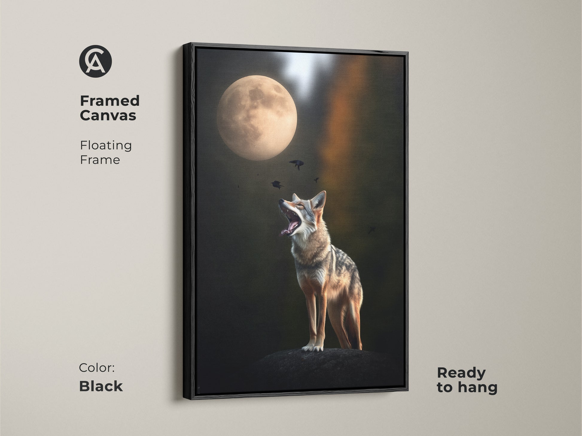 Framed canvas art of a coyote howling at the moon. This wildlife photography wall art has a sleek black floating frame. It's ready to hang adding an animal lover's touch to your walls. The artwork enhances any eclectic living room decor.