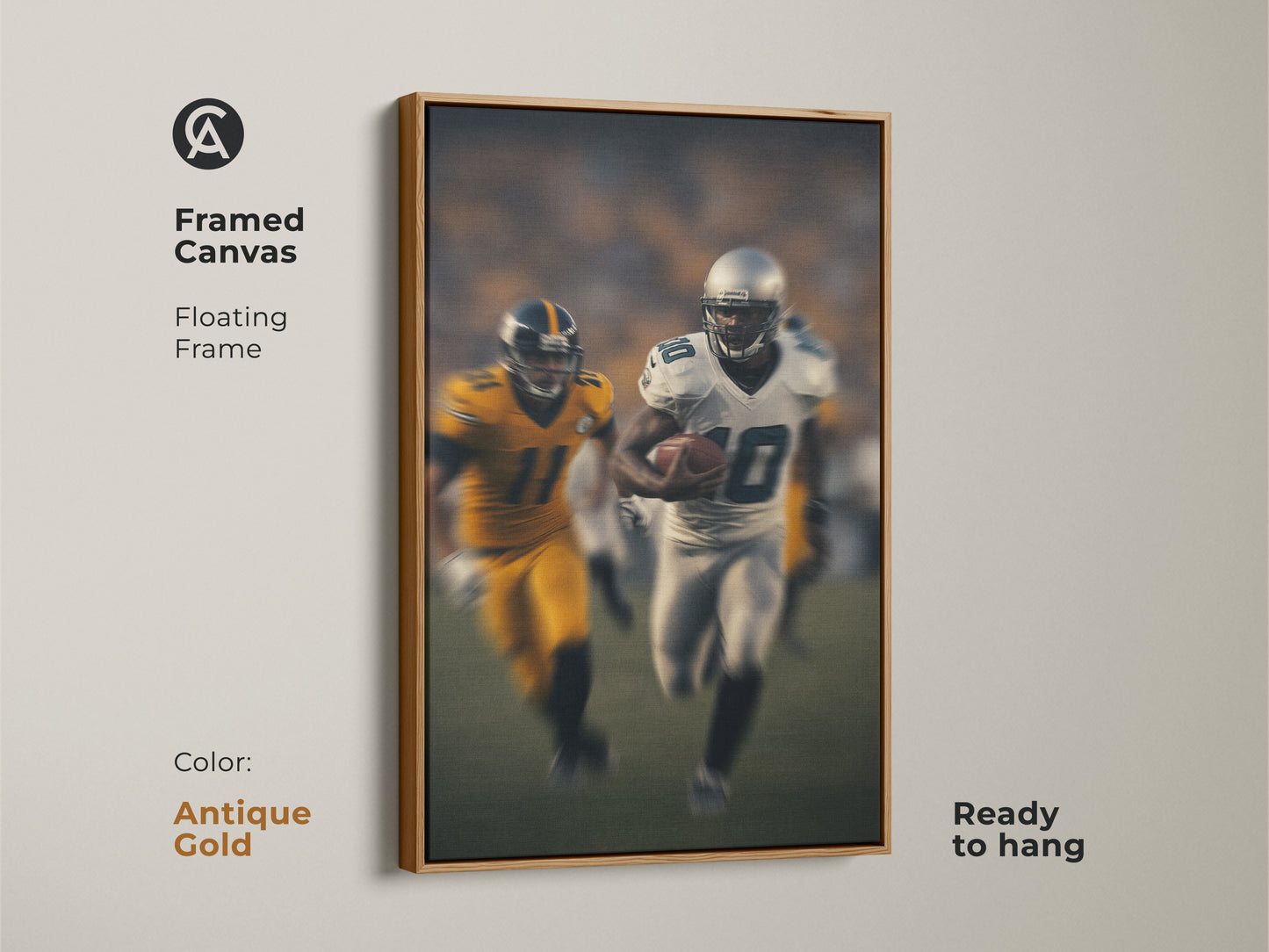 This framed canvas art features a floating antique gold frame. The modern football artwork showcases a running back in action. Ready to hang this dynamic print will enhance your sports themed decor.