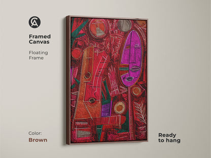 Framed canvas showcases abstract tribal faces and geometric patterns with a brown floating frame. The canvas is ready to hang. This artistic face print with bold colors will enhance your home.
