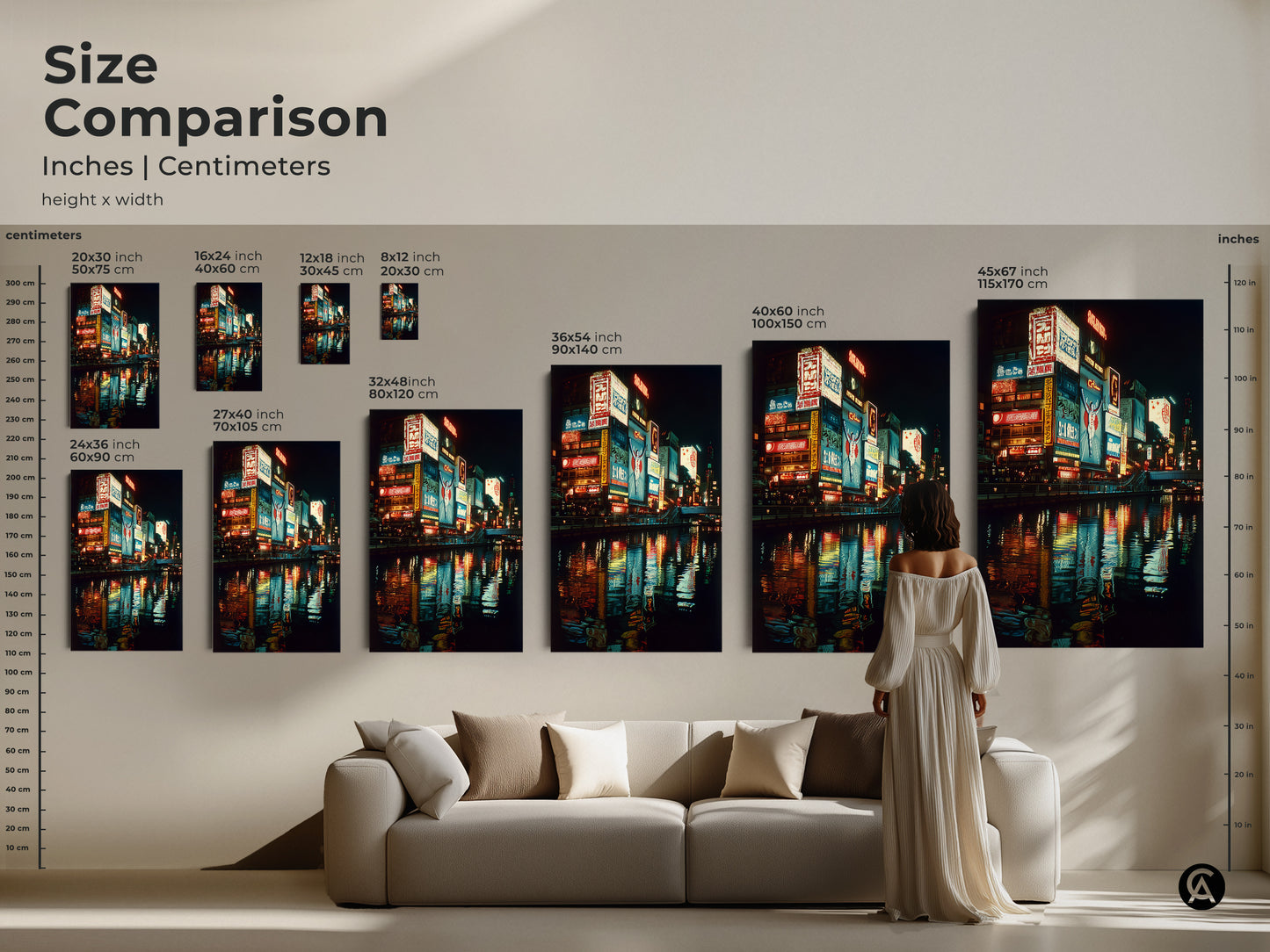 Size comparison of Osaka neon art prints. See how the urban Japan nightlife canvas art looks in various sizes. From 8x12 to 45x67 inches. This cityscape wall art transforms any space. Choose the perfect size for your aesthetic wall decor and enjoy this travel inspired art.
