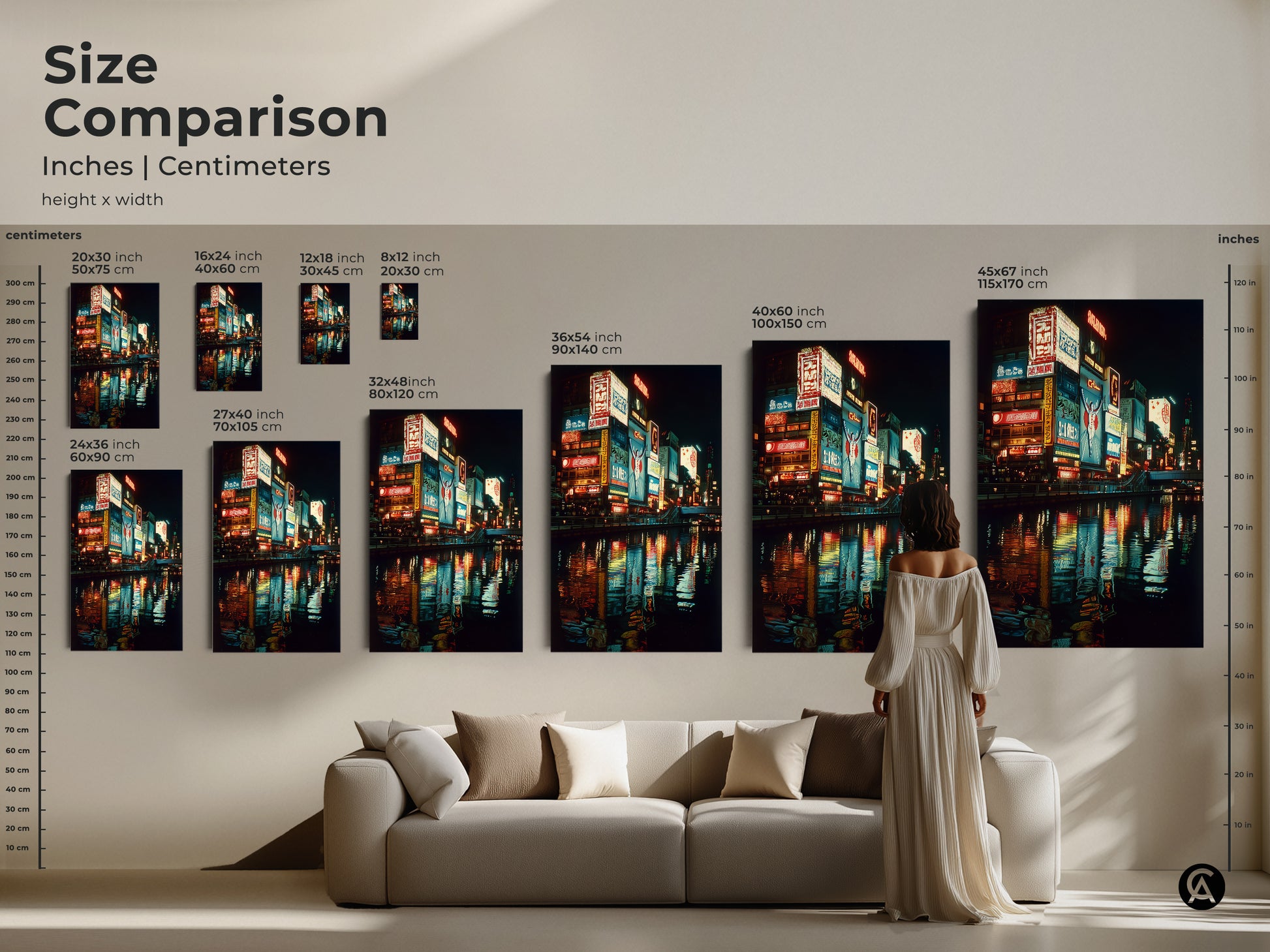 Size comparison of Osaka neon art prints. See how the urban Japan nightlife canvas art looks in various sizes. From 8x12 to 45x67 inches. This cityscape wall art transforms any space. Choose the perfect size for your aesthetic wall decor and enjoy this travel inspired art.
