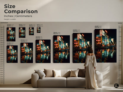 Size comparison of Osaka neon art prints. See how the urban Japan nightlife canvas art looks in various sizes. From 8x12 to 45x67 inches. This cityscape wall art transforms any space. Choose the perfect size for your aesthetic wall decor and enjoy this travel inspired art.