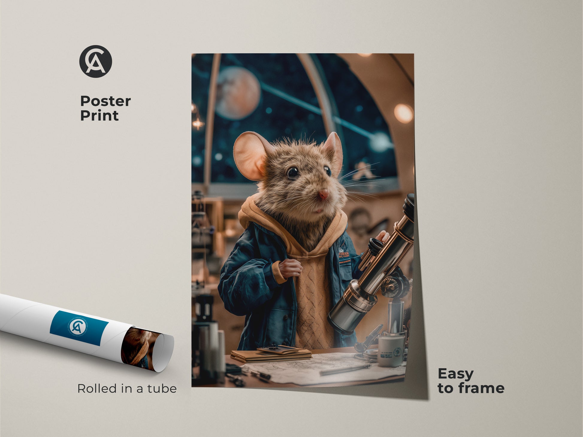 The poster print shows a mouse astronomer gazing through a telescope. The rolled art is easy to frame and features surrealism artwork. This navy teal art print is a great gift for science lovers. The print makes excellent study room decor.