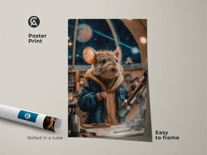 The poster print shows a mouse astronomer gazing through a telescope. The rolled art is easy to frame and features surrealism artwork. This navy teal art print is a great gift for science lovers. The print makes excellent study room decor.