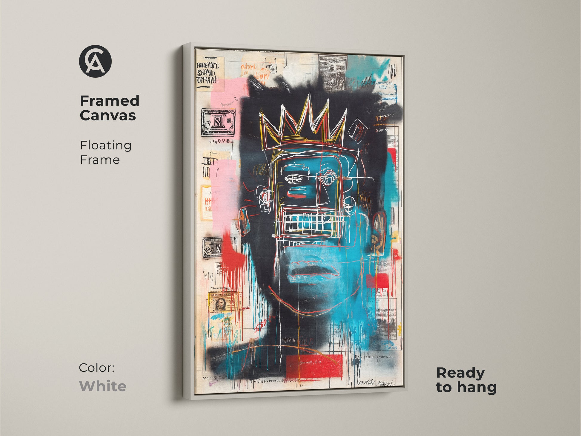 Framed Basquiat style canvas artwork. A white floating frame complements the blue face with a crown. The art is ready to hang. This piece adds a modern touch to any space. Perfect for art collectors. Shop now for museum-quality canvas art.