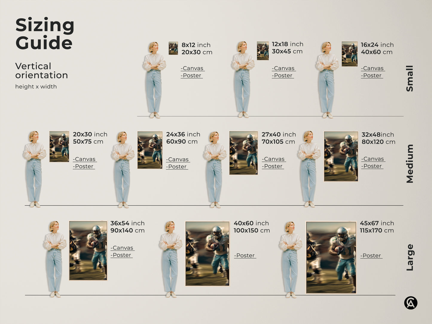 Find the ideal size for your dynamic football player art print with our sizing guide. Visualize canvas and poster options in various dimensions from small to large. See how this modern sports art fits in different spaces. Perfect for adding blue teal wall decor to your man cave or office this artwork makes a great gift for football fans.