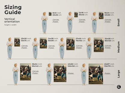 Find the ideal size for your dynamic football player art print with our sizing guide. Visualize canvas and poster options in various dimensions from small to large. See how this modern sports art fits in different spaces. Perfect for adding blue teal wall decor to your man cave or office this artwork makes a great gift for football fans.