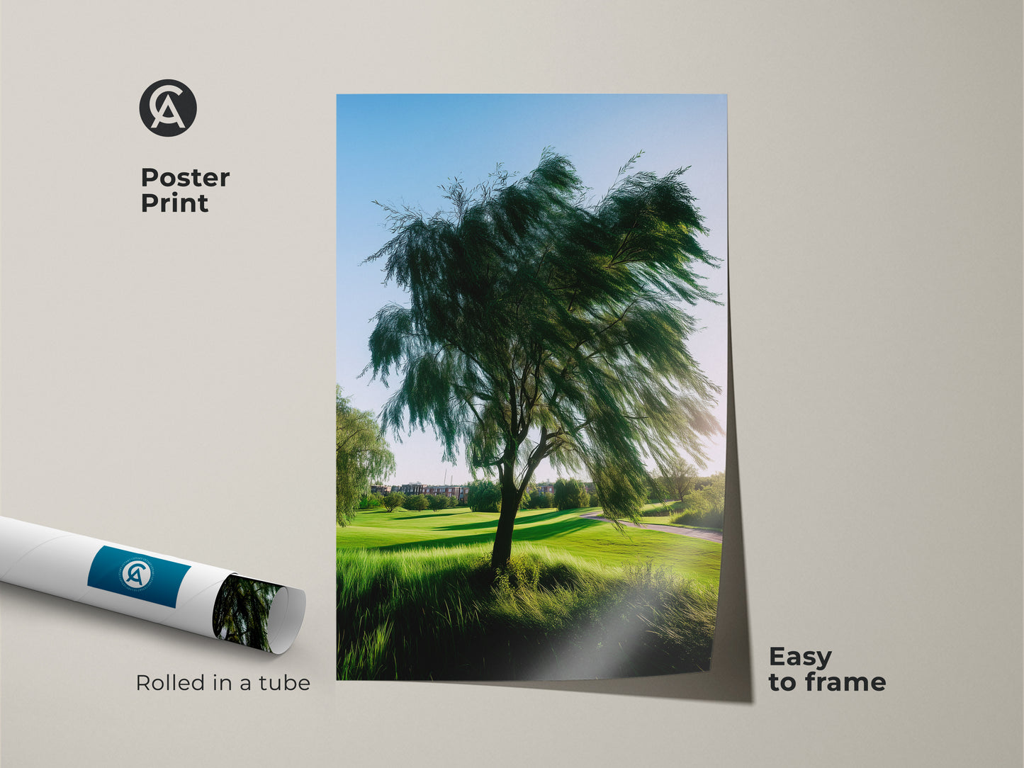 A poster print of a green golf course landscape. The easy-to-frame realistic tree nature photography artwork is rolled in a tube. It is perfect as sports theme art for a golf lover present.