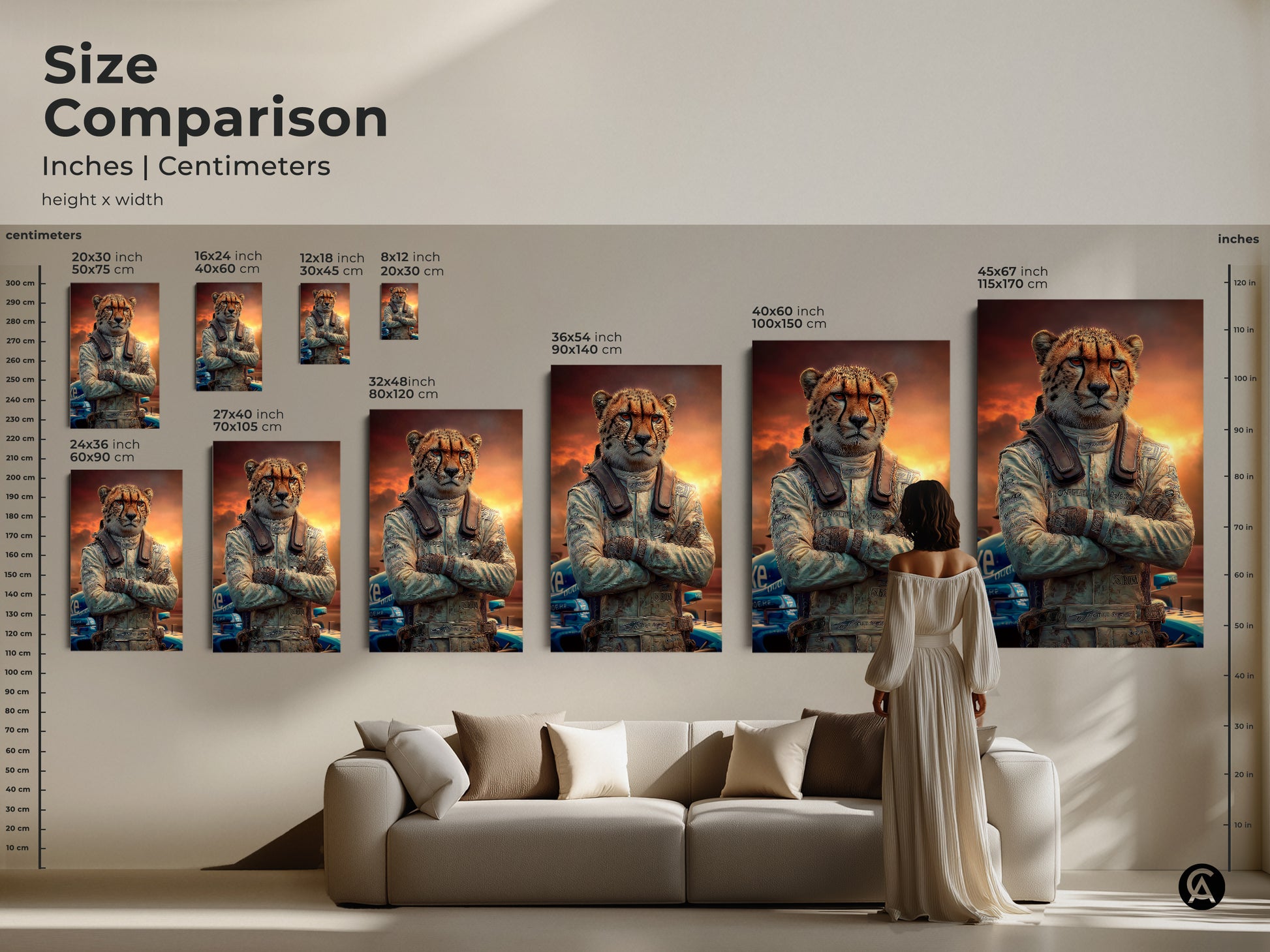 Compare sizes of the cheetah race car driver artwork. This display shows the print in inches and centimeters. See how each size fits within a living space. This is a great gift for any F1 fan or someone that enjoys eclectic home art.