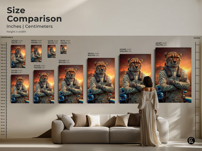 Compare sizes of the cheetah race car driver artwork. This display shows the print in inches and centimeters. See how each size fits within a living space. This is a great gift for any F1 fan or someone that enjoys eclectic home art.