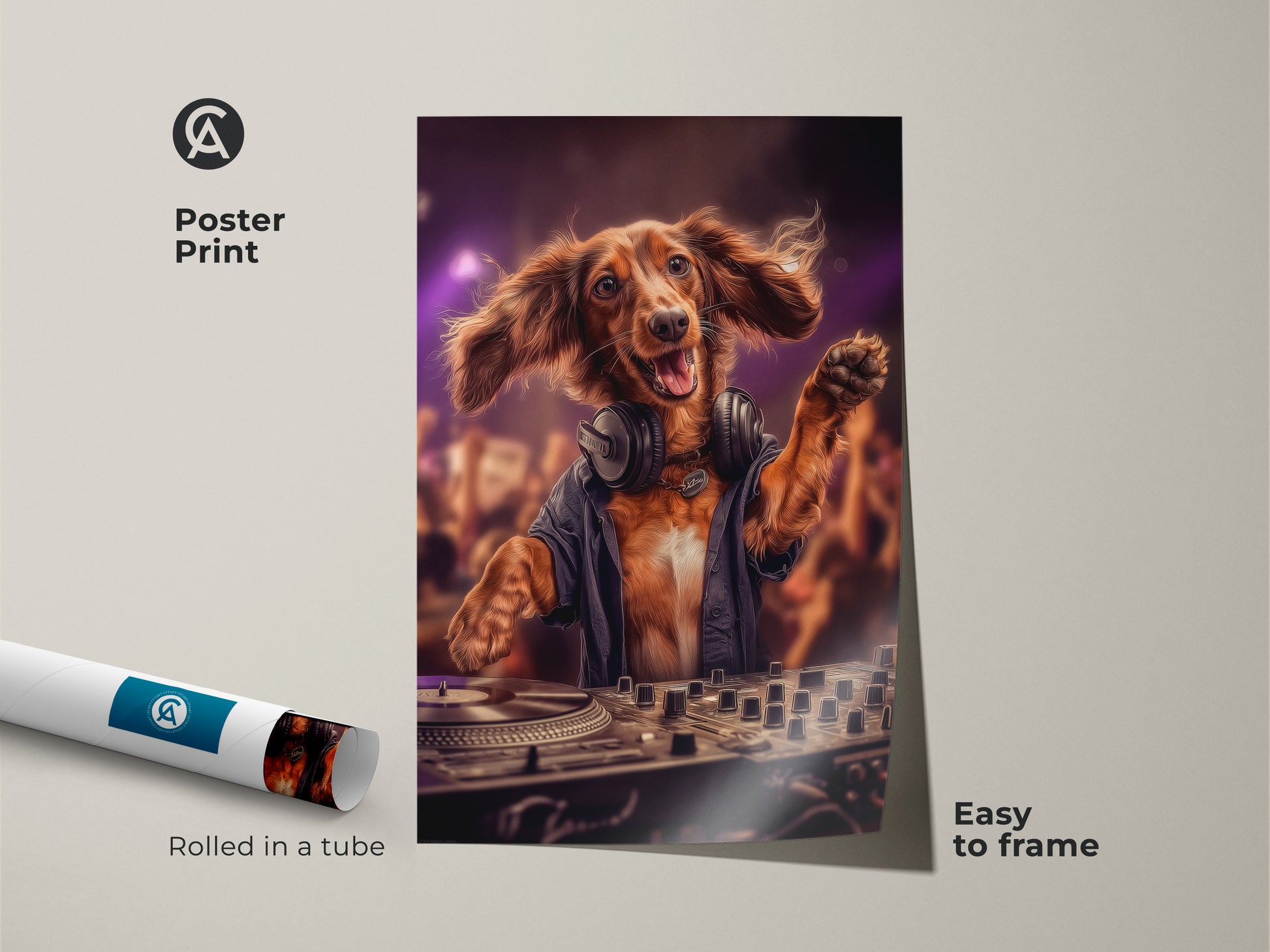 Dachshund DJ art is offered as a rolled poster print. This party art is easy to frame. The brown dog is rocking headphones and DJing. This unique animal poster is ideal for a man cave or bar. It is a fun gift for dog and music lovers with an appreciation for eclectic artwork.