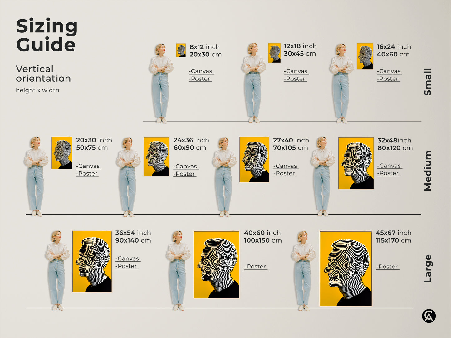 Sizing guide for portrait artwork. Vertical orientation heights and widths are shown. Sizes range from small to large. The artwork features a man's profile with flowing lines. Available as canvas or poster print. Find the perfect fit for your space.