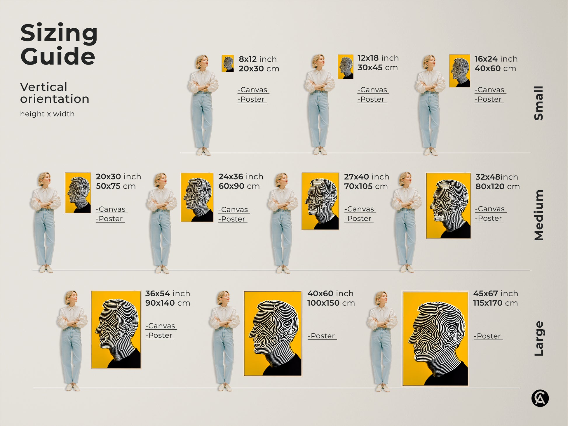 Sizing guide for portrait artwork. Vertical orientation heights and widths are shown. Sizes range from small to large. The artwork features a man's profile with flowing lines. Available as canvas or poster print. Find the perfect fit for your space.