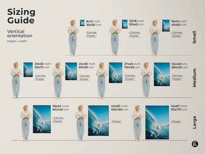 Find your perfect size with our artwork sizing guide. Vertical orientation options for canvas and poster prints. From small 8x12 to large 45x67 inch prints. There is a wave art size for every space.