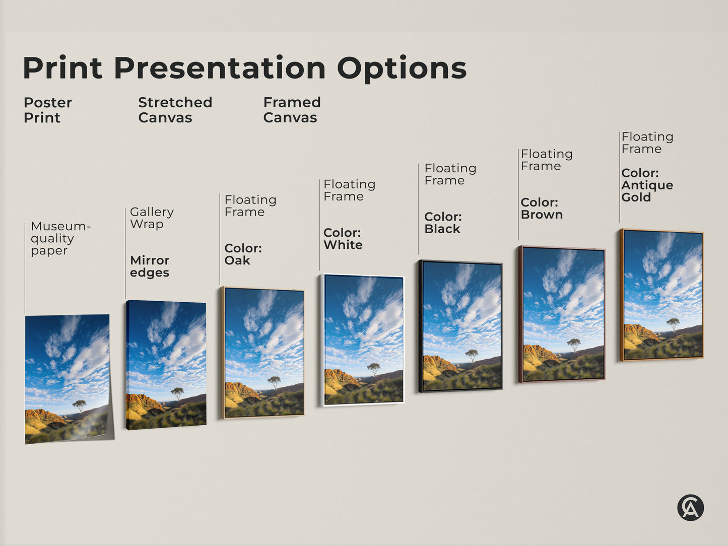 Explore print presentation options for this scenic Outback landscape canvas art. Choose from poster prints stretched canvas and framed canvas. Options include museum quality paper gallery wrap and floating frames in various colors. Find the perfect style to showcase this Australian nature artwork.
