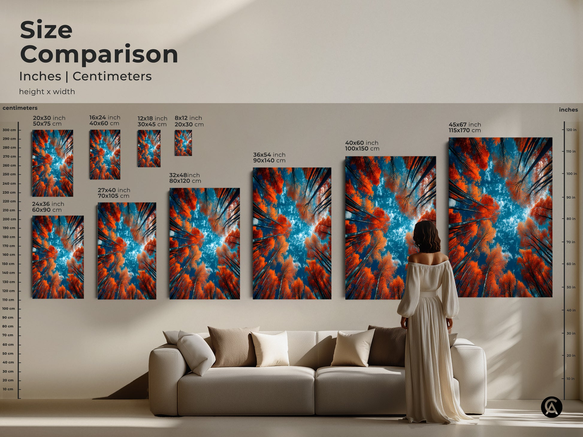 Size comparison of our forest art prints. Visualize the artwork in different sizes inches and centimeters. Perfect for any space from small to large. Available in various formats. Transform your home with our captivating nature-inspired artwork today.