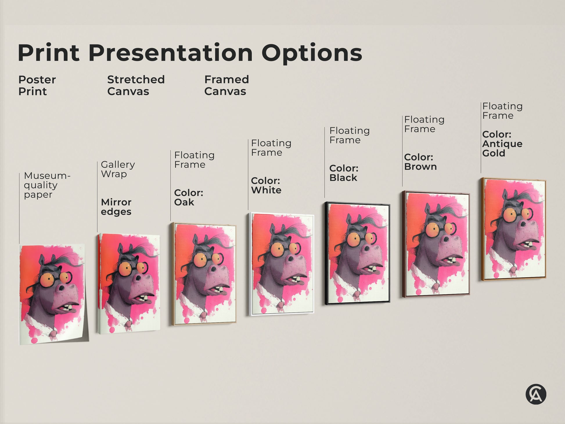 Print presentation options showing poster print stretched canvas and framed canvas. The artwork features a cartoon horse with glasses. Fuchsia and orange wall art perfect for eclectic decor.