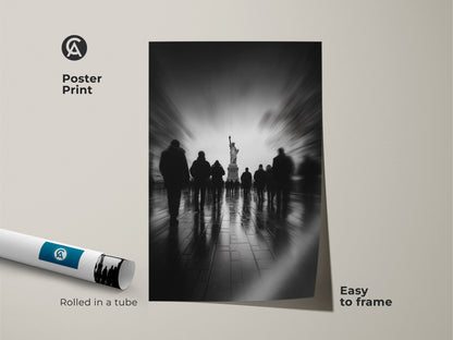 Bring New York's iconic skyline to your walls with this poster print. Featuring the Statue of Liberty surrounded by blurred figures. This monochrome artwork is easy to frame and a striking addition to any room. Rolled in a tube for protection.