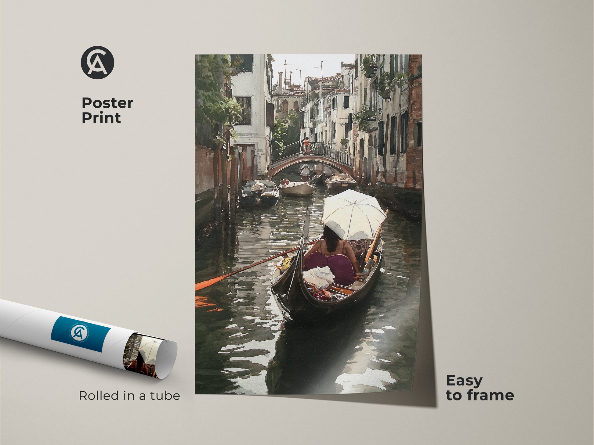 Poster print of a Venice canal watercolor artwork. This Italian cityscape features a gondola boat scene rolled in a tube for easy framing. The teal and brown wall art adds an artistic touch to any room. Ideal travel souvenir or housewarming gift.