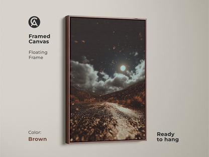 This framed canvas in brown showcases a moonlit road. The dark brown landscape artwork has gray and orange accents. It's an eclectic home decor piece that is ready to hang. The nature wall art print captures a celestial night sky. The cinematic road trip artwork brings a moody landscape. A gift for travel lovers.