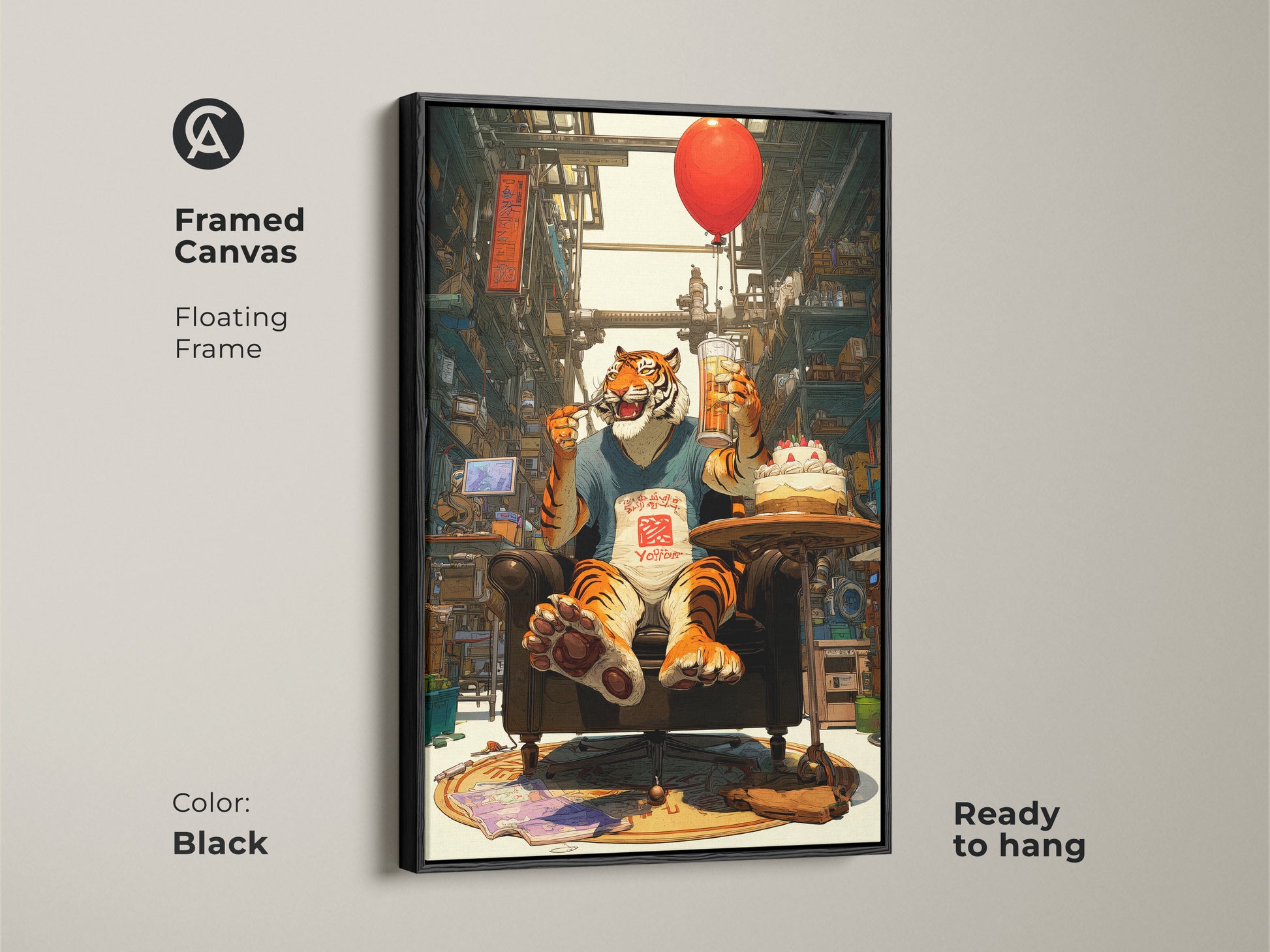 This framed canvas with floating frame shows a whimsical tiger enjoying beer and cake. This black frame art is ready to hang. The red balloon and urban-inspired backdrop add a playful touch. A perfect gift for tiger lovers.