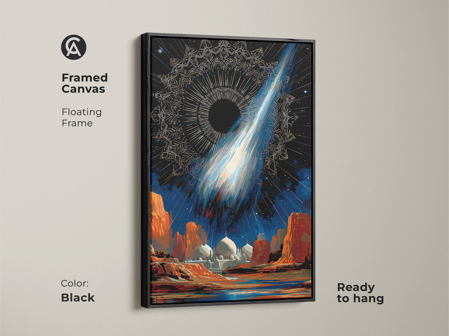 Framed Canvas in Black showcasing surreal space mosque artwork. A floating frame adds to the celestial comet wall art. The cosmic night sky decor features deep blue and orange tones. This abstract celestial print is ready to hang in any room.