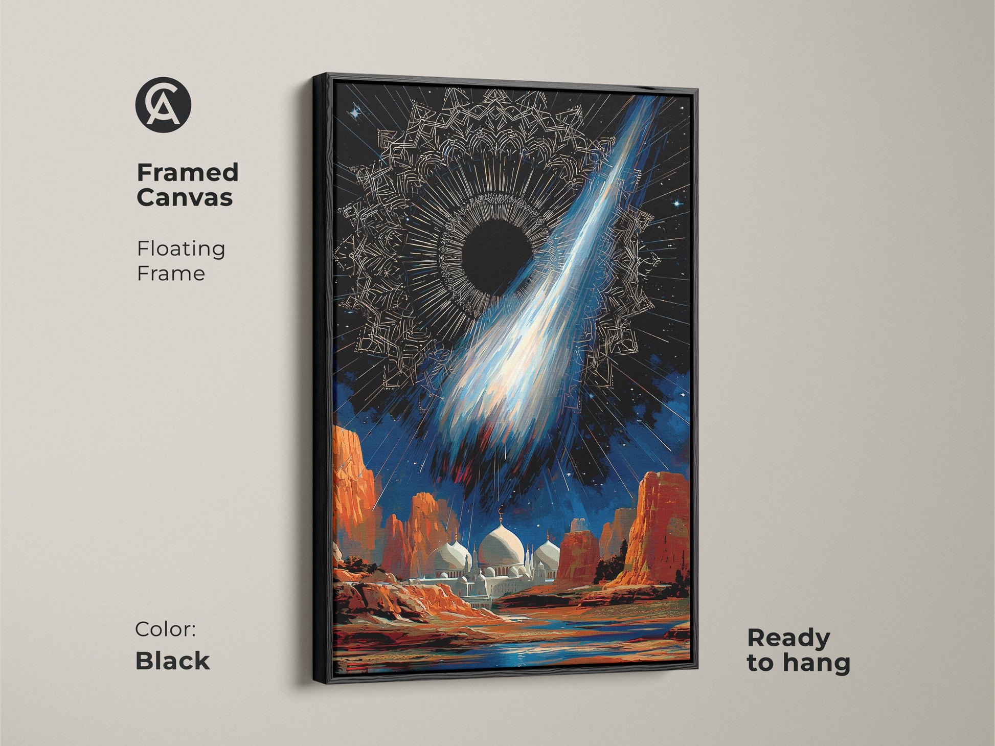 Framed Canvas in Black showcasing surreal space mosque artwork. A floating frame adds to the celestial comet wall art. The cosmic night sky decor features deep blue and orange tones. This abstract celestial print is ready to hang in any room.