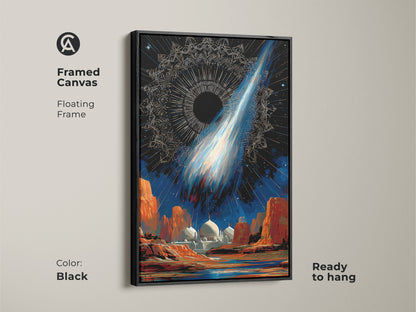 Framed Canvas in Black showcasing surreal space mosque artwork. A floating frame adds to the celestial comet wall art. The cosmic night sky decor features deep blue and orange tones. This abstract celestial print is ready to hang in any room.