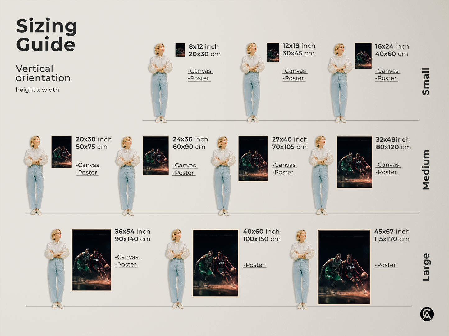 Sizing guide for vertical basketball art prints. Available in small medium and large sizes. Find the perfect dimensions for canvas or poster prints to fit your wall space. Enhance your decor with this art.