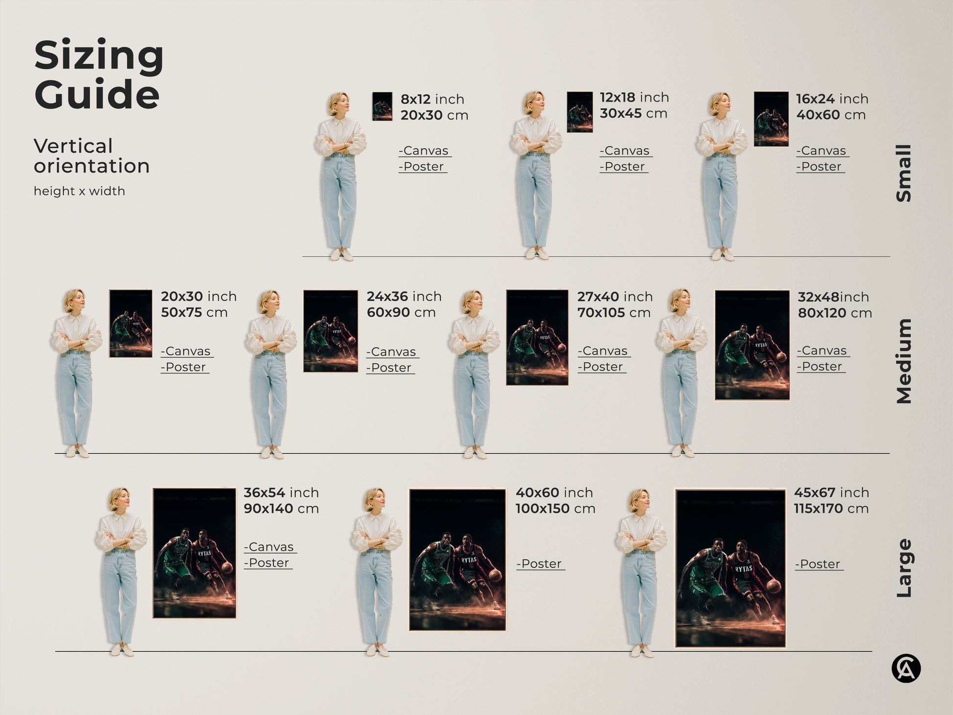 Sizing guide for vertical basketball art prints. Available in small medium and large sizes. Find the perfect dimensions for canvas or poster prints to fit your wall space. Enhance your decor with this art.