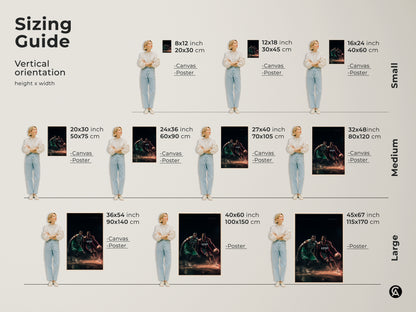 Sizing guide for vertical basketball art prints. Available in small medium and large sizes. Find the perfect dimensions for canvas or poster prints to fit your wall space. Enhance your decor with this art.