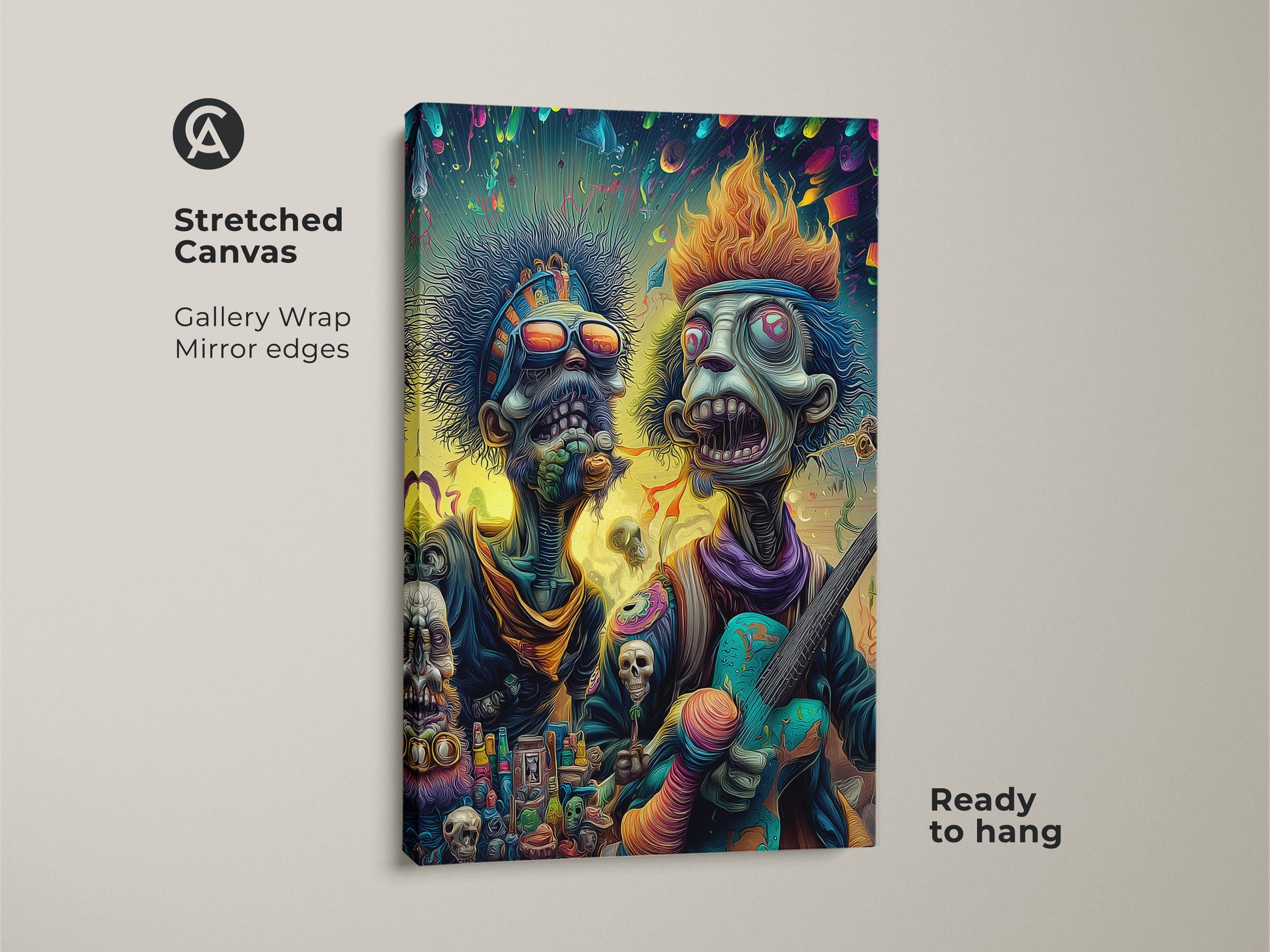 Stretched canvas art featuring two zombie musicians. The art has gallery wrapped edges with a mirror finish. The artwork is ready to hang. A unique piece for music enthusiasts.