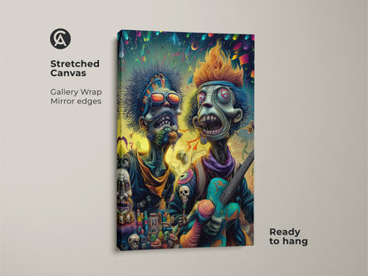 Stretched canvas art featuring two zombie musicians. The art has gallery wrapped edges with a mirror finish. The artwork is ready to hang. A unique piece for music enthusiasts.