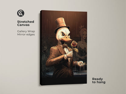 A stretched canvas print shows a top hat duck artwork. It's ready to hang with gallery wrap mirror edges. The artistic animal wall art features a rose holding duck canvas. This is unique office wall decor.