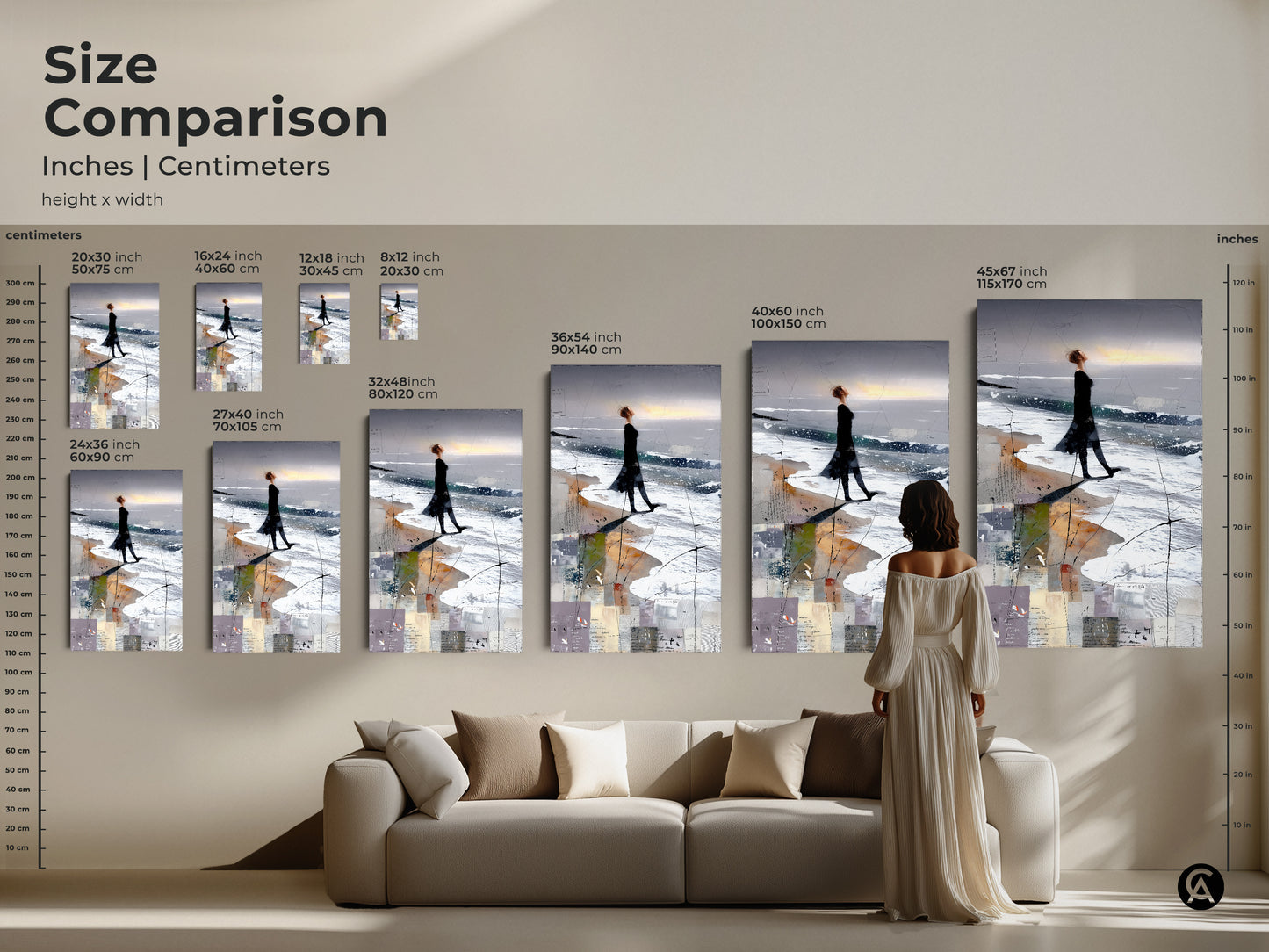 Size comparison of abstract woman beach art print. See the artwork in different sizes above a sofa. Coastal figure study canvas. Blue grey white wall art for contemporary bedroom decor.