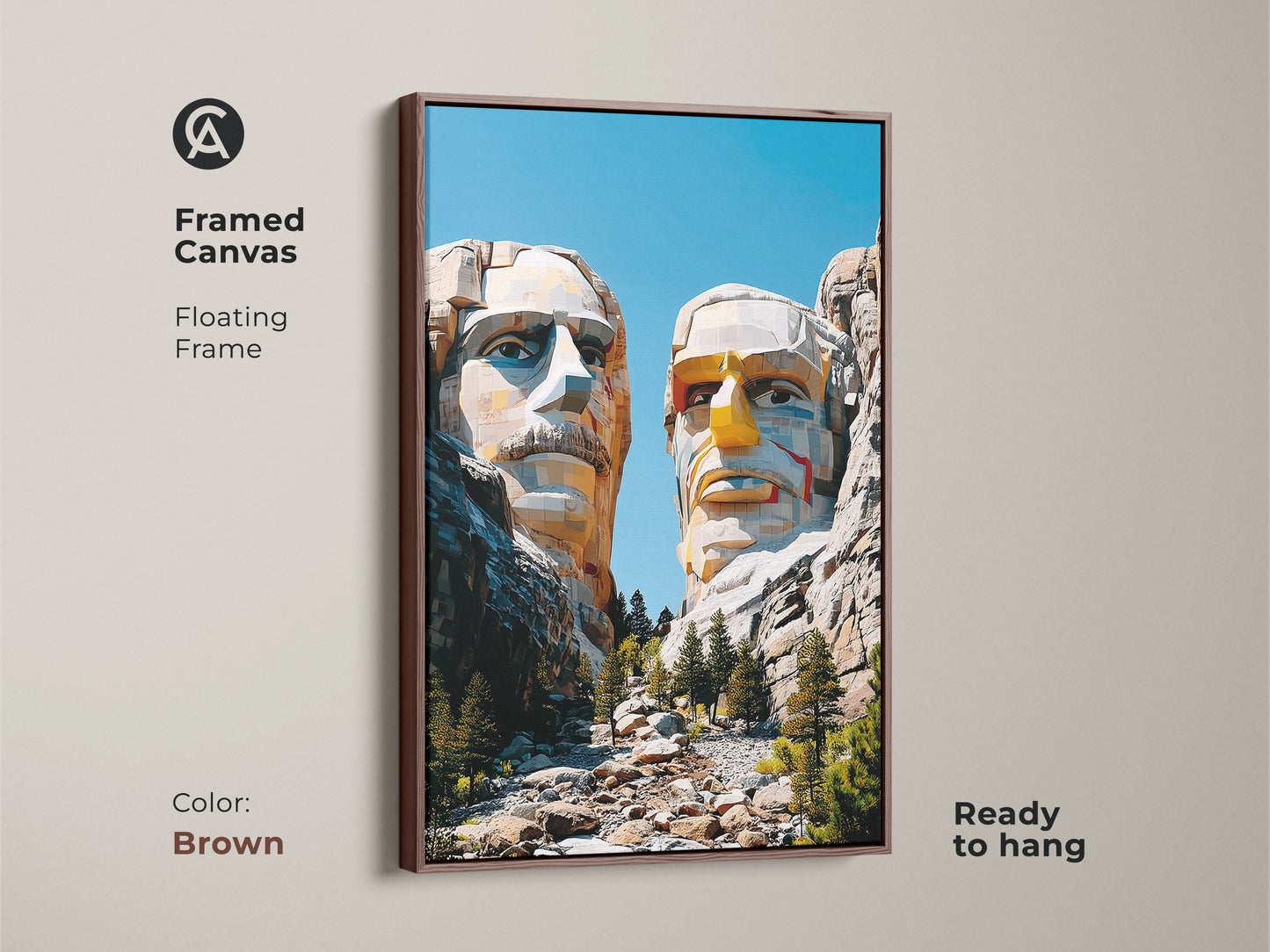 Framed canvas geometric Mount Rushmore artwork with a brown floating frame. This beige yellow and blue canvas offers a modern aesthetic. The abstract sculpture wall art is ready to hang and fits well as living room geometric art.