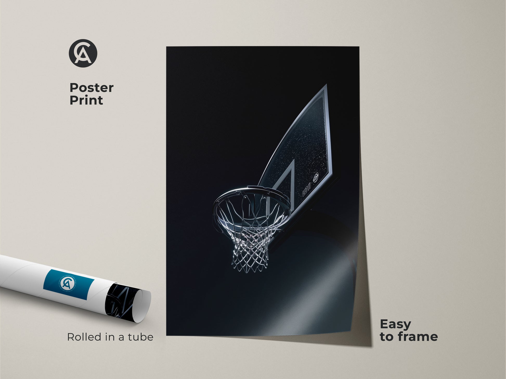 Basketball hoop poster print rolled in a tube for easy framing. This minimalist basketball art is ideal for a man cave or sports themed room. The print captures the intensity of the game.