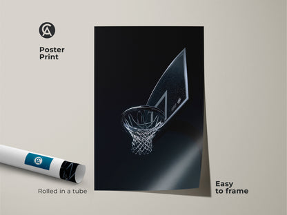 Basketball hoop poster print rolled in a tube for easy framing. This minimalist basketball art is ideal for a man cave or sports themed room. The print captures the intensity of the game.