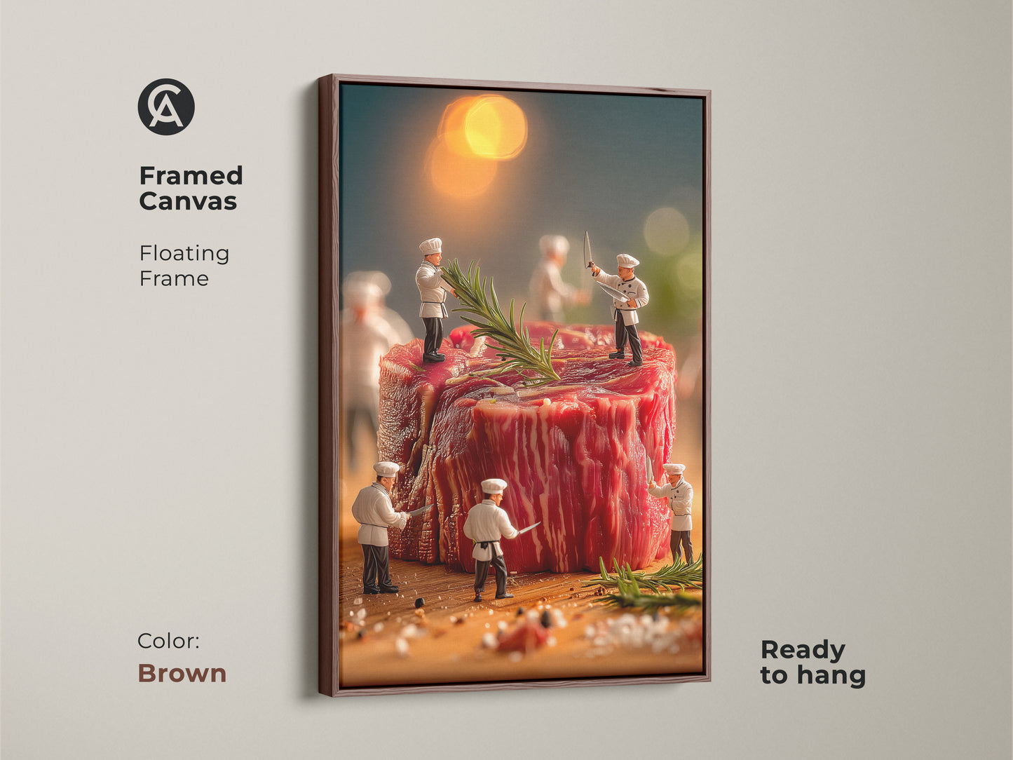 Brown framed canvas artwork featuring miniature chefs working on a giant steak. The floating frame enhances the artwork's appeal. It is ready to hang and adds a unique touch to your decor. The artwork shows a culinary scene with rosemary and spices. Elevate your kitchen or dining space.