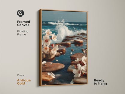 Antique Gold framed canvas art with ocean waves and cherry blossoms. This floating frame is ready to hang. Teal blue coastal art provides a serene and luxurious feel. Ideal for enhancing your living space