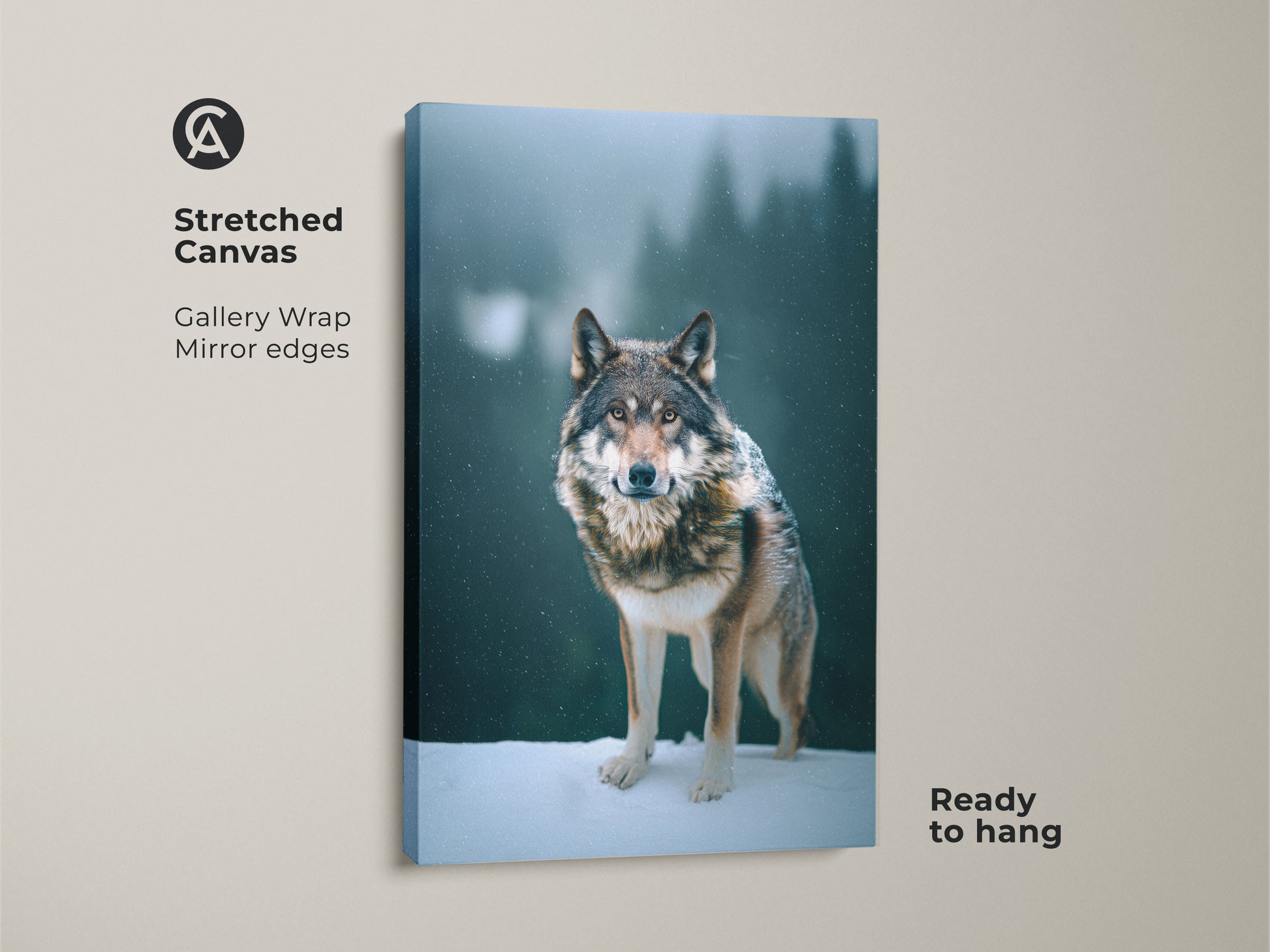 Stretched canvas wolf print for wildlife lovers. Ready to hang this gallery-wrapped artwork showcases a photorealistic wolf in its natural habitat. The mirror edges enhance the forest animal art. This brown gray teal art brings a touch of rustic charm to any room.