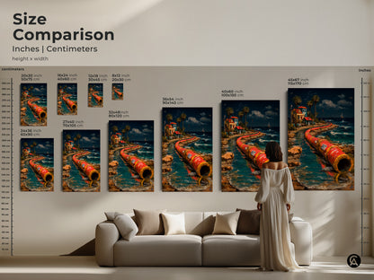Size comparison of surreal industrial pipeline artwork in inches and centimeters. A unique piece of red orange teal coastal home decor art or abstract coastal art. Ideal as office wall art or a housewarming gift for him.
