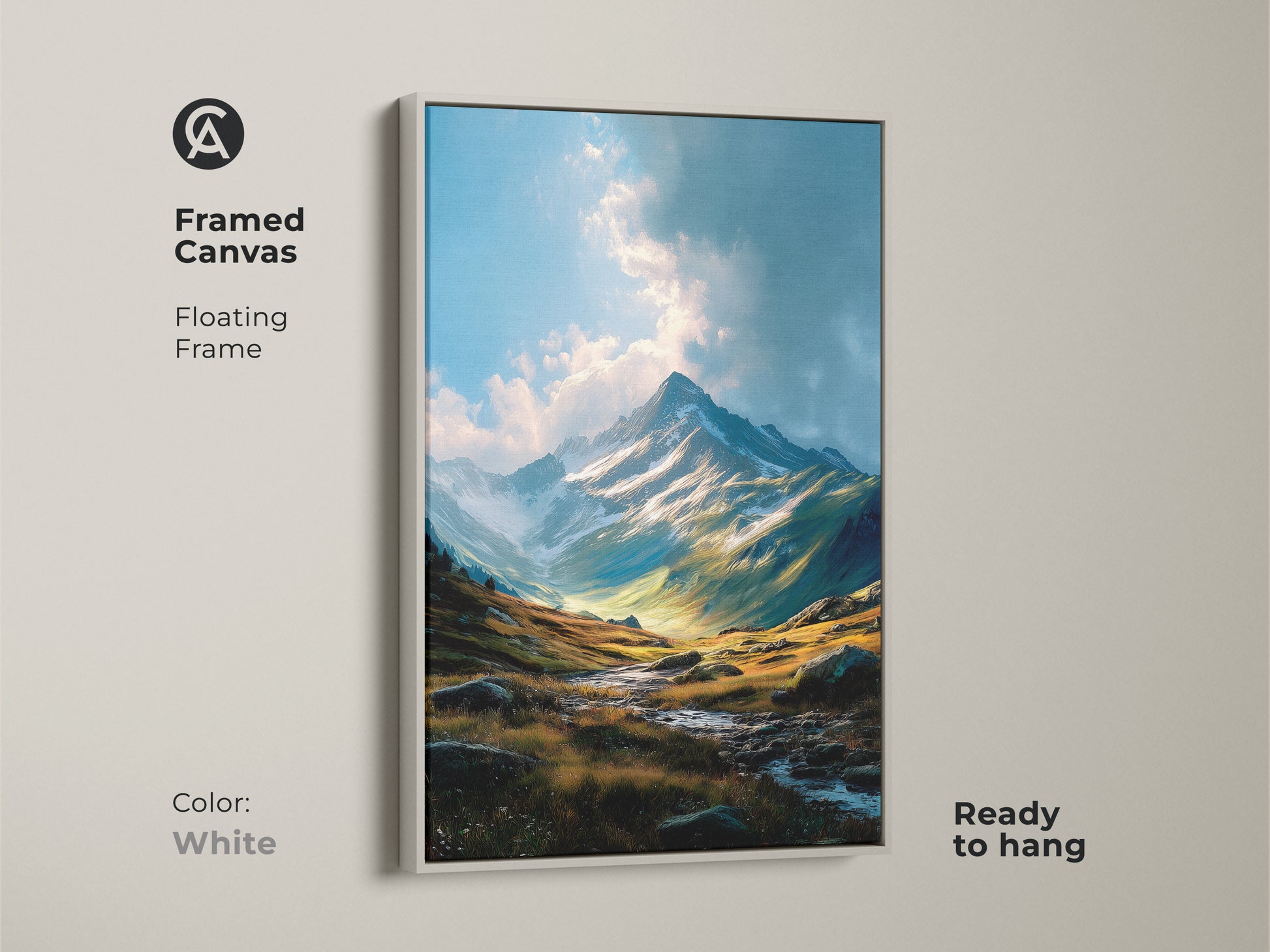 Framed canvas artwork featuring a mountain landscape. The floating frame is white. This ready-to-hang piece adds a modern touch to your home decor. The canvas showcases vibrant colors and detailed textures of the mountain scene.