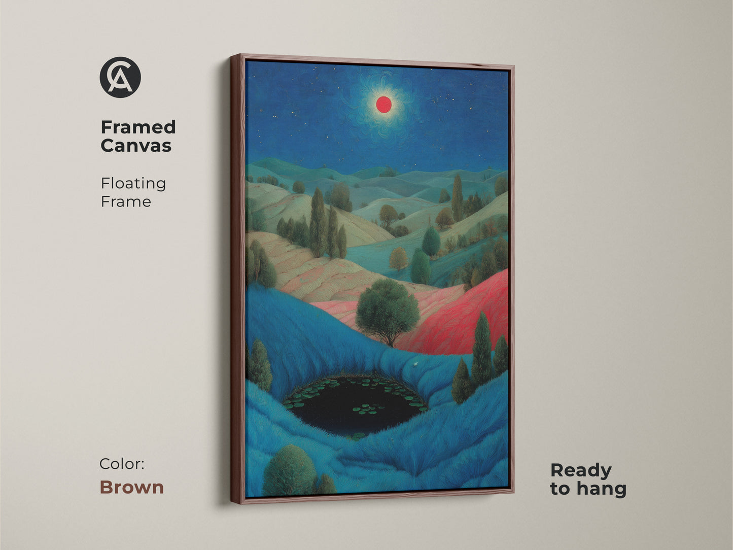A beautiful dreamy bedroom wall decor. It is a surreal landscape canvas with a pond and starry night. The vivid blue and red art is perfect as a housewarming gift. A great gift for art lovers.